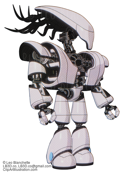 Android Containing Flat Elongated Skull Head And Cables And Heavy Upper Chest And Heavy Mech Chest And Light Leg Exoshielding. White Halftone Toon. Facing Left View. #18452