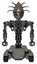 Mech containing grey alien style head and metal grate eyes and eyeball creature crown and heavy upper chest and no chest plating and six-wheeler base. Concrete grey metal. Front view.
