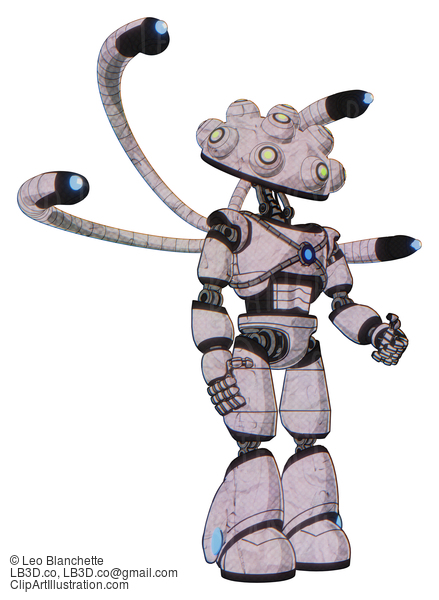 Android Containing Techno Multi-Eyed Domehead Design And Light Chest Exoshielding And Blue Energy Core And Blue-Eye Cam Cable Tentacles And Light Leg Exoshielding. Sketch Pad Light Lines. #18461