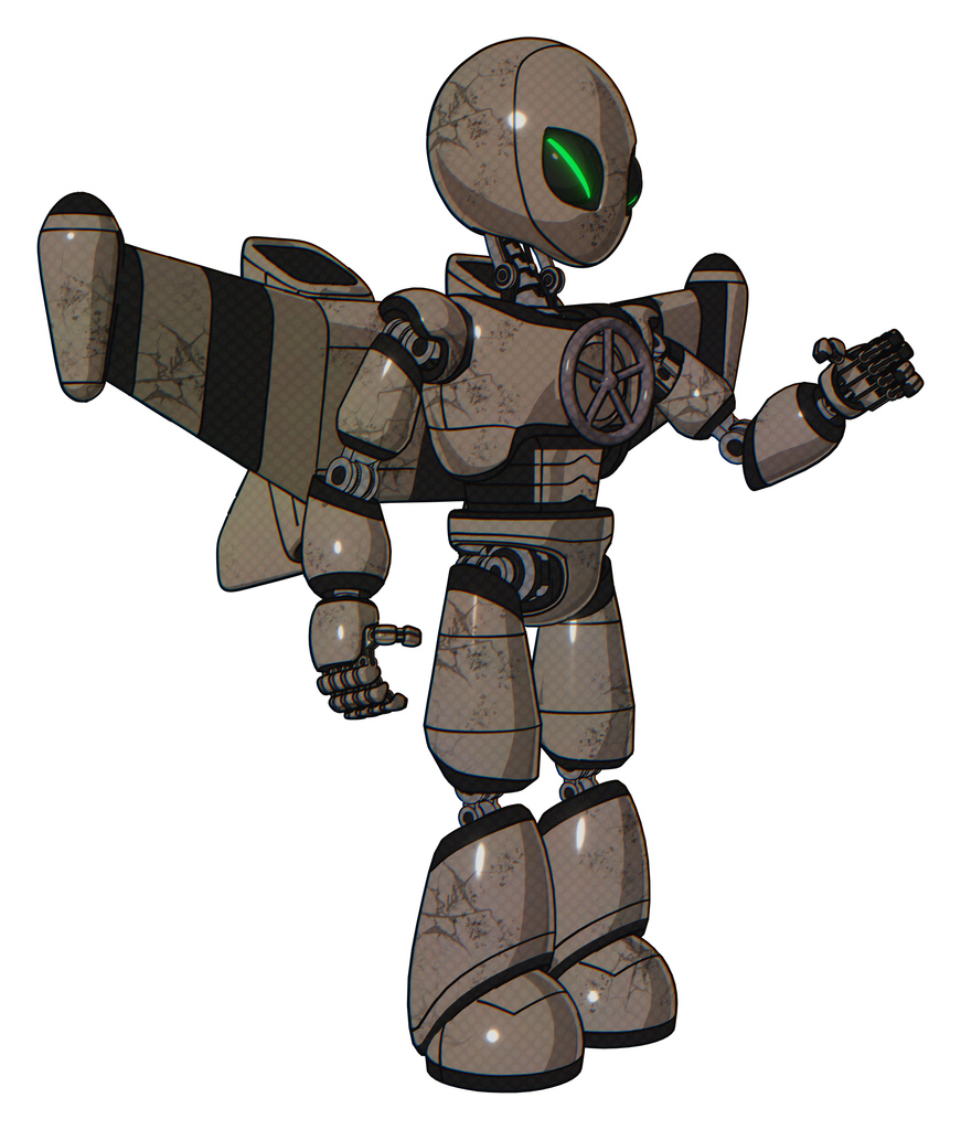 Robot containing grey alien style head and green demon eyes and light chest exoshielding and chest valve crank and stellar jet wing rocket pack and light leg exoshielding. Patent khaki metal.