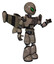 Robot containing grey alien style head and green demon eyes and light chest exoshielding and chest valve crank and stellar jet wing rocket pack and light leg exoshielding. Patent khaki metal.