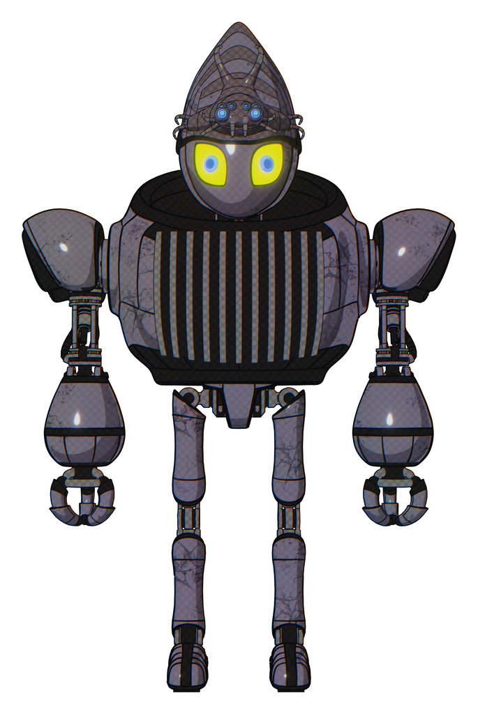 Mech containing grey alien style head and yellow eyes with blue pupils and alien bug creature hat and heavy upper chest and chest vents and ultralight foot exosuit. Light lavender metal. Front view.