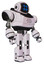 Cyborg containing digital display head and hashtag face and heavy upper chest and prototype exoplate legs. White halftone toon. Facing left view.