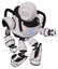 Bot containing dots array face and heavy upper chest and circle of blue leds and light leg exoshielding and stomper foot mod. White halftone toon. Fight or defense pose..