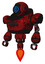 Robot containing digital display head and large eye and heavy upper chest and chest compound eyes and jet propulsion. Grunge dots dark red. Standing looking right restful pose.