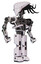 Bot containing flat elongated skull head and cables and heavy upper chest and no chest plating and prototype exoplate legs. White halftone toon. Hero pose.