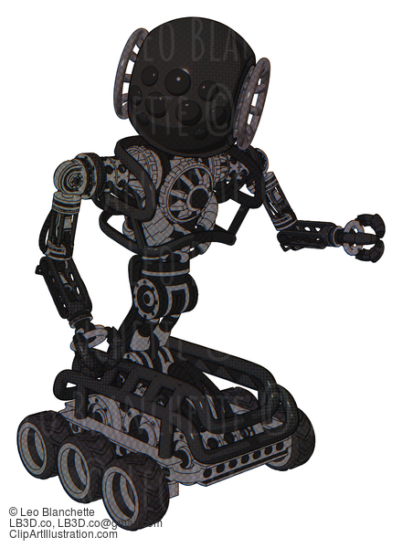 Android Containing Round Head And Bug Eye Array And Heavy Upper Chest And No Chest Plating And Six-Wheeler Base. Clean Black. Fight Or Defense Pose.. #18488
