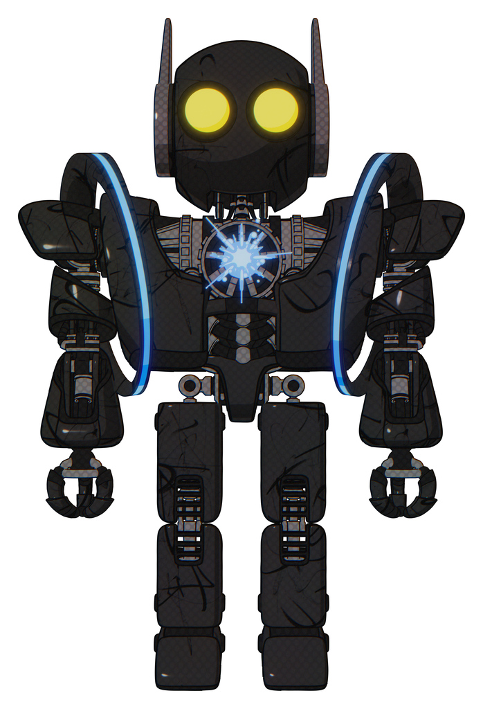Cyborg containing round head and large yellow eyes and head winglets and heavy upper chest and heavy mech chest and spectrum fusion core chest and prototype exoplate legs. Toon black scribbles sketch.