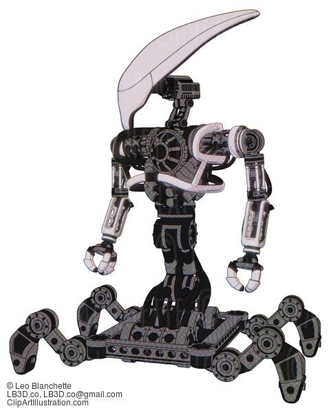 Android Containing Flat Elongated Skull Head And Heavy Upper Chest And No Chest Plating And Insect Walker Legs. White Halftone Toon. Standing Looking Right Restful Pose. #18492