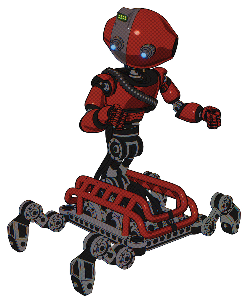 Mech containing oval wide head and telescopic steampunk eyes and green led ornament and light chest exoshielding and rubber chain sash and insect walker legs. Cherry tomato red.