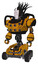 Automaton containing humanoid face mask and die robots graffiti design and heavy upper chest and chest energy sockets and six-wheeler base. Worn construction yellow.
