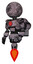 Mech containing dots array face and light chest exoshielding and red chest button and rocket pack and jet propulsion. Sketch pad cloudy smudges. Facing right view.