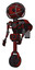Droid containing oval wide head and beady black eyes and barbed wire cage helmet and light chest exoshielding and rocket pack and no chest plating and unicycle wheel. Matted red. Facing right view.