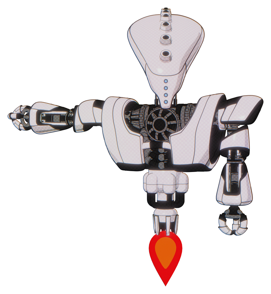 Mech containing flat elongated skull head and heavy upper chest and heavy mech chest and jet propulsion. White halftone toon. Arm out holding invisible object..