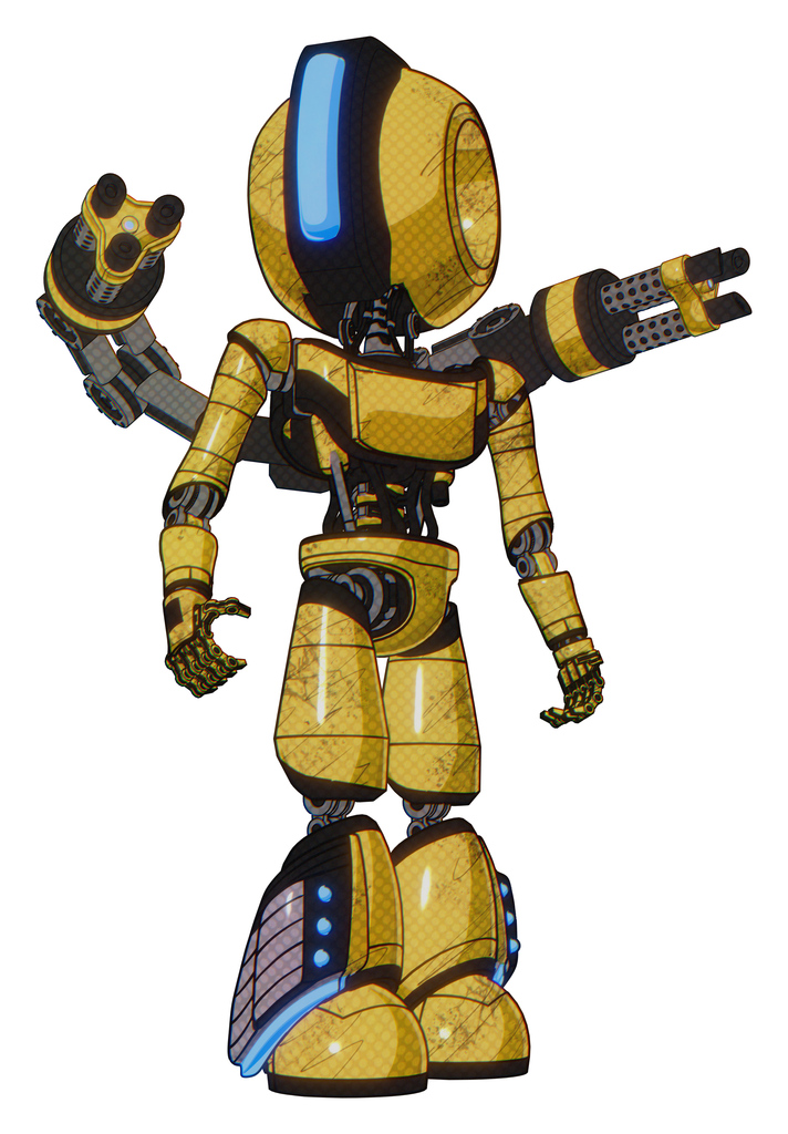 Mech containing round head and large vertical visor and light chest exoshielding and ultralight chest exosuit and minigun back assembly and light leg exoshielding and megneto-hovers foot mod.