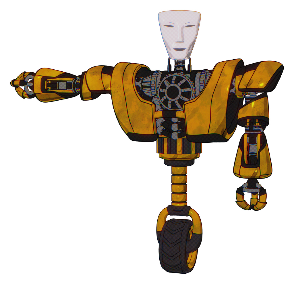 Droid containing humanoid face mask and heavy upper chest and heavy mech chest and unicycle wheel. Worn construction yellow. Arm out holding invisible object..