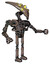 Droid containing flat elongated skull head and yellow eyeball array and heavy upper chest and no chest plating and ultralight foot exosuit. Khaki halftone. Interacting.
