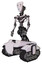 Mech containing humanoid face mask and blood tears and light chest exoshielding and no chest plating and tank tracks. White halftone toon. Facing right view.
