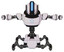 Automaton containing round head and large vertical visor and heavy upper chest and circle of blue leds and insect walker legs. White halftone toon. T-pose.