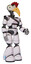 Droid containing bird skull head and bone skull eye holes and chicken design and light chest exoshielding and rubber chain sash and light leg exoshielding. White halftone toon. Facing left view.