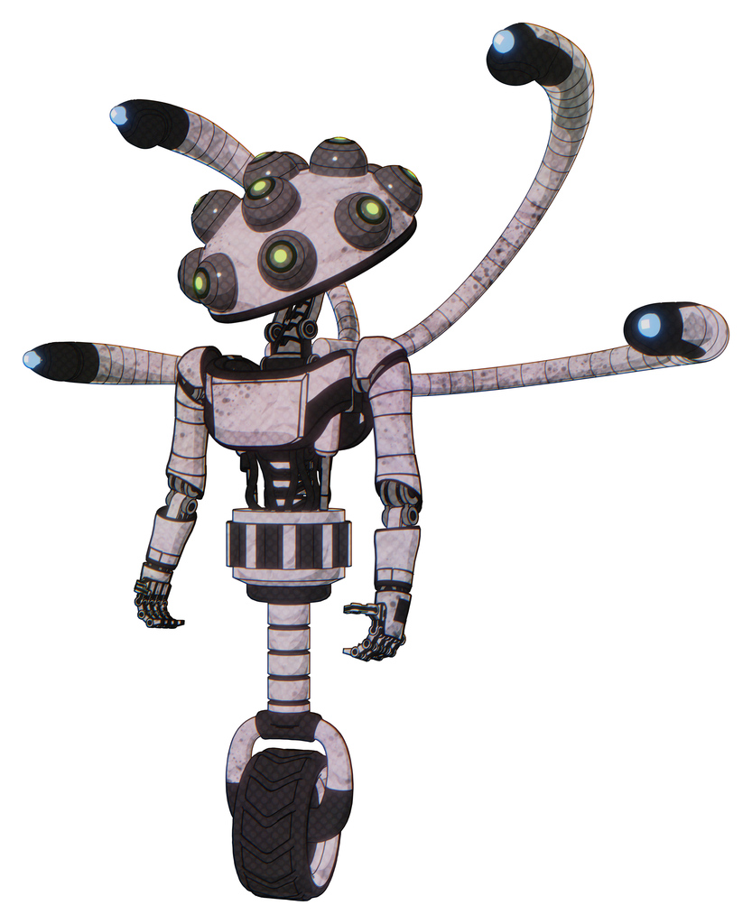 Mech containing many robo-eye domehead design and light chest exoshielding and ultralight chest exosuit and blue-eye cam cable tentacles and unicycle wheel. Sketch pad dirty smudge.