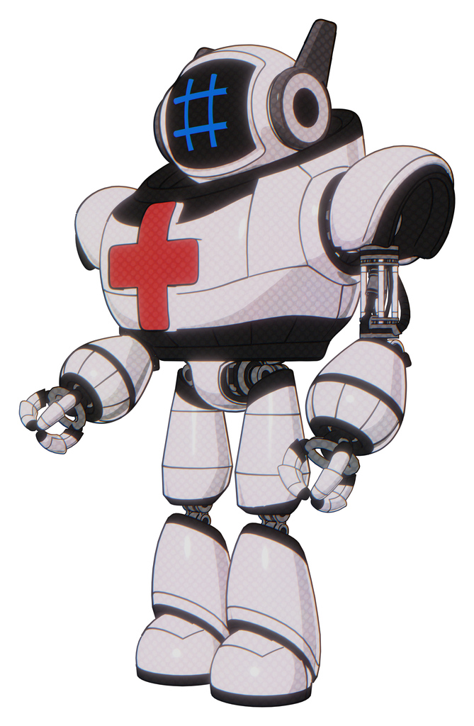 Cyborg containing digital display head and hashtag face and winglets and heavy upper chest and first aid chest symbol and light leg exoshielding. White halftone toon. Facing right view.