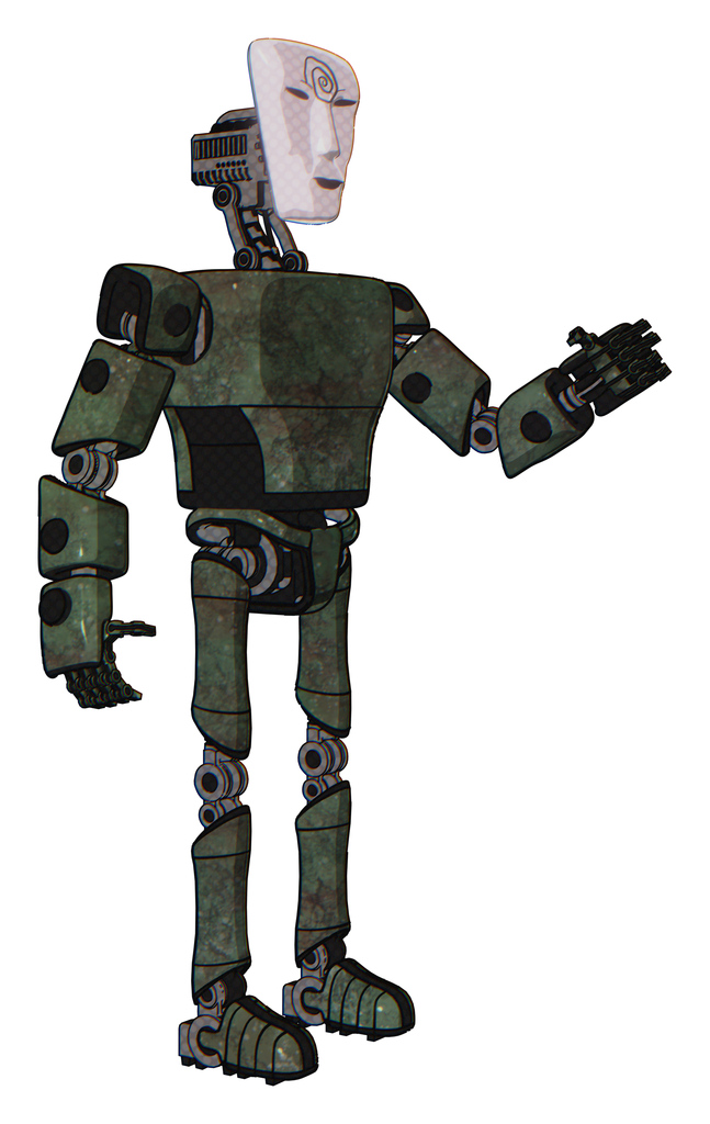 Automaton containing humanoid face mask and spiral design and light chest exoshielding and prototype exoplate chest and ultralight foot exosuit. Old corroded copper. Interacting.