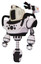 Droid containing old computer monitor and retro-futuristic webcam and heavy upper chest and chest compound eyes and unicycle wheel. White halftone toon. Standing looking right restful pose.