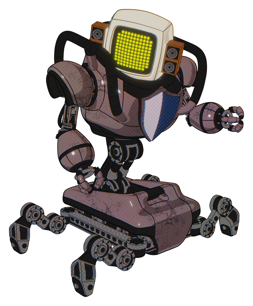 Android containing old computer monitor and yellow circle array display and old retro speakers and heavy upper chest and blue shield defense design and insect walker legs. Dusty rose red metal.