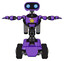 Droid containing dual retro camera head and cute retro robo head and light chest exoshielding and yellow star and rocket pack and tank tracks. Secondary purple halftone. T-pose.