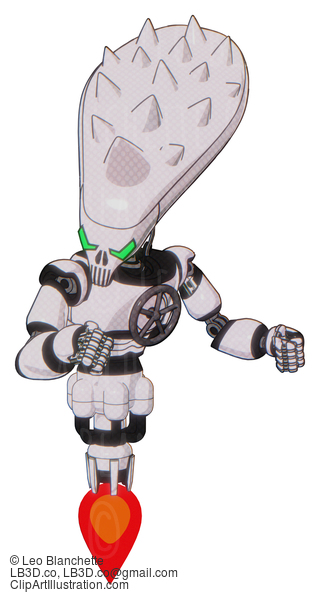 Android Containing Flat Elongated Skull Head And Spikes, And Light Chest Exoshielding And Chest Valve Crank And Jet Propulsion. White Halftone Toon. Fight Or Defense Pose.. #18538