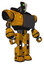 Automaton containing humanoid face mask and two-face black white mask and heavy upper chest and chest vents and prototype exoplate legs. Worn construction yellow. Facing left view.
