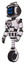 Bot containing digital display head and hashtag face and led and protection bars and light chest exoshielding and chest valve crank and unicycle wheel. White halftone toon. Facing right view.