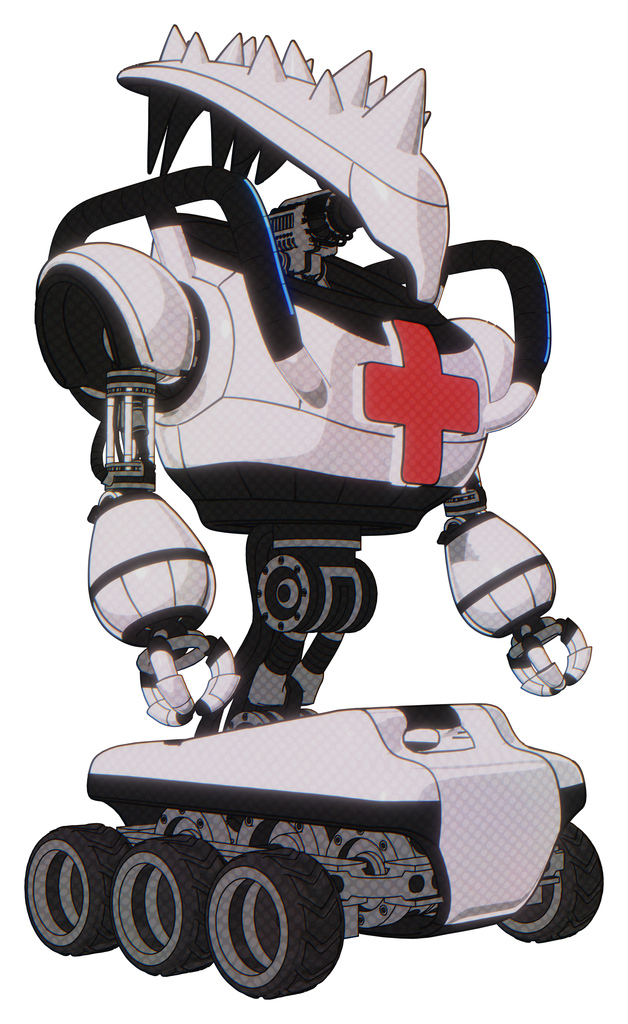 Robot containing flat elongated skull head and spikes, and heavy upper chest and first aid chest symbol and blue strip lights and six-wheeler base. White halftone toon. Facing left view.