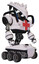 Robot containing flat elongated skull head and spikes, and heavy upper chest and first aid chest symbol and blue strip lights and six-wheeler base. White halftone toon. Facing left view.