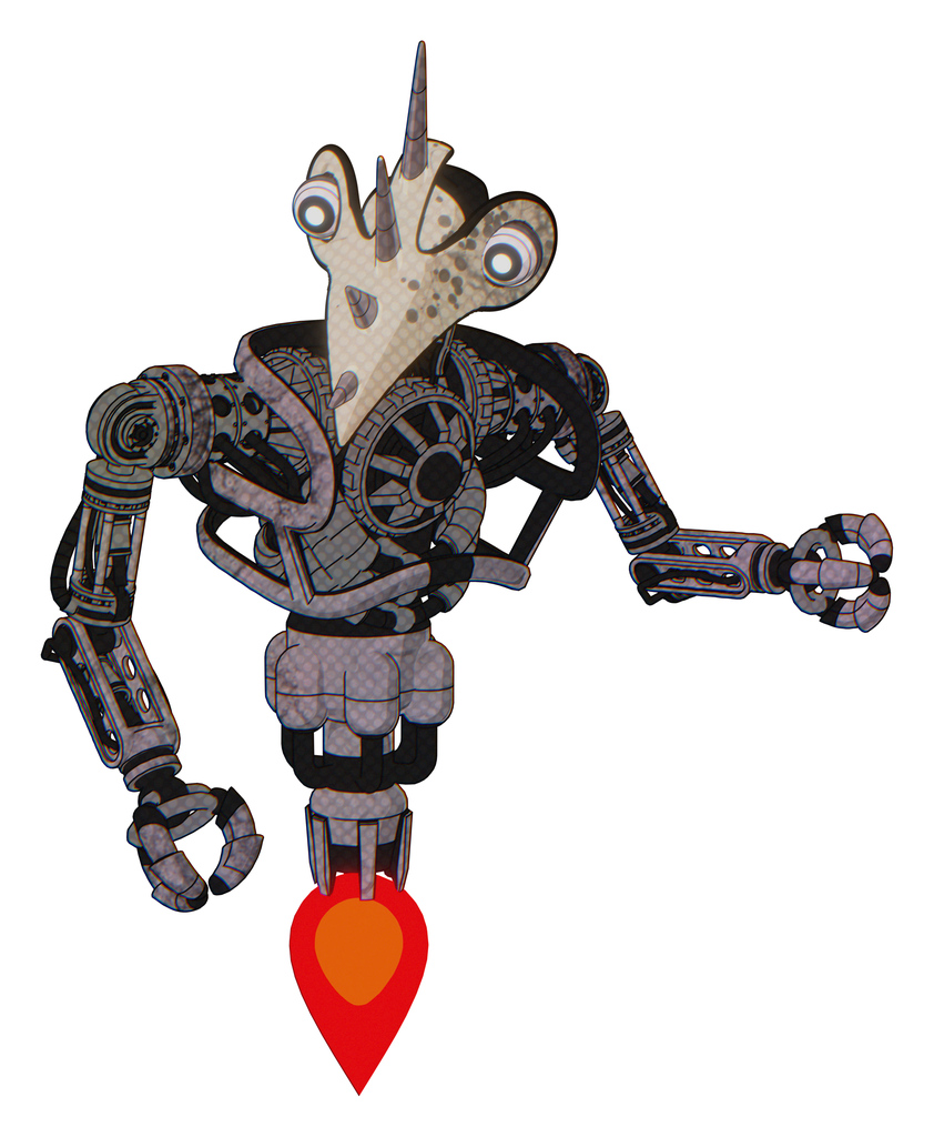 Bot containing bird skull head and white eyeballs and heavy upper chest and no chest plating and jet propulsion. Dark dirty scrawl sketch. Fight or defense pose..