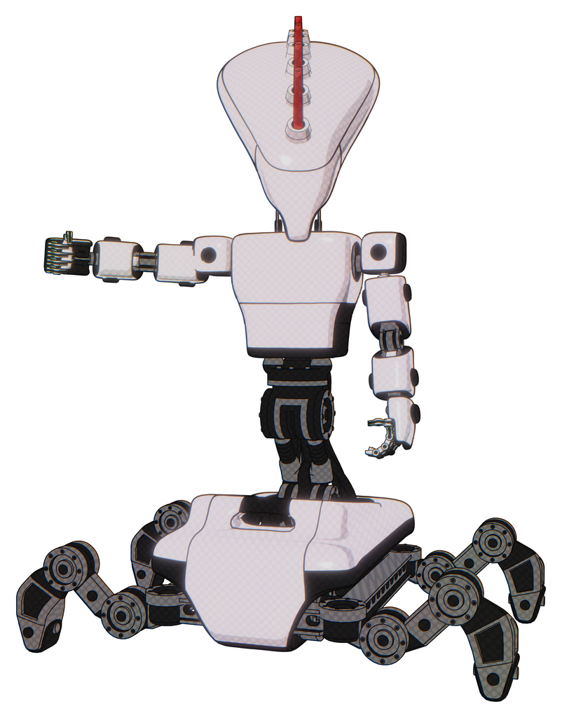 Mech containing flat elongated skull head and light chest exoshielding and prototype exoplate chest and insect walker legs. White halftone toon. Arm out holding invisible object..