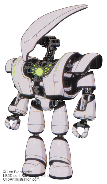 Android Containing Flat Elongated Skull Head And Heavy Upper Chest And Heavy Mech Chest And Green Energy Core And Light Leg Exoshielding. White Halftone Toon. Standing Looking Right Restful Pose. #18553