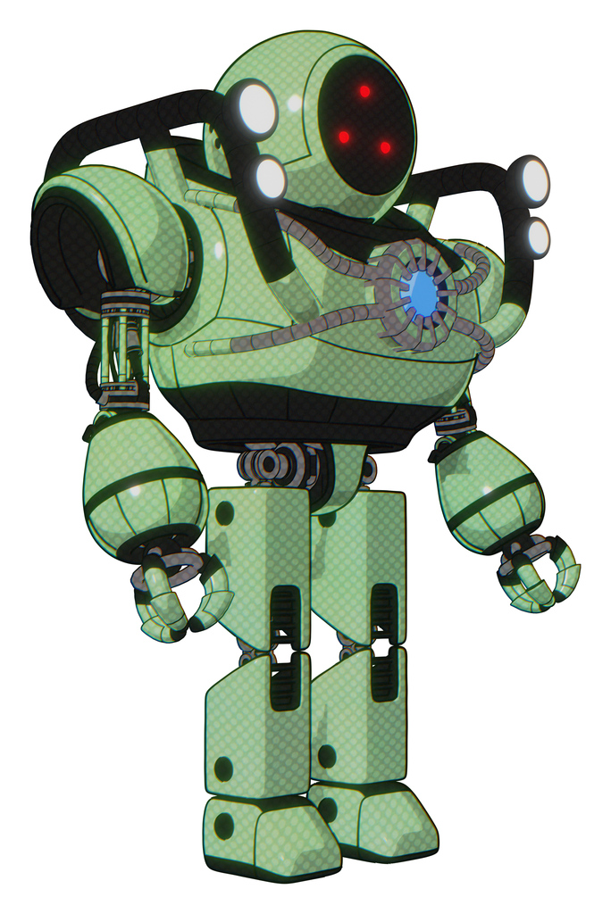 Mech containing three led eyes round head and heavy upper chest and chest blue energy core and shoulder headlights and prototype exoplate legs. Green tint toon. Facing left view.