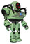 Mech containing three led eyes round head and heavy upper chest and chest blue energy core and shoulder headlights and prototype exoplate legs. Green tint toon. Facing left view.