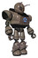 Mech containing grey alien style head and metal grate eyes and bug antennas and heavy upper chest and circle of blue leds and light leg exoshielding and spike foot mod. Patent khaki metal.