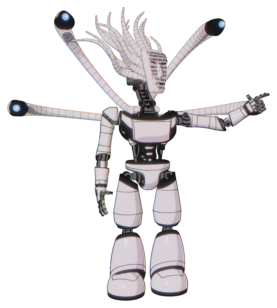 Automaton containing humanoid face mask and binary war paint and light chest exoshielding and ultralight chest exosuit and blue-eye cam cable tentacles and light leg exoshielding. White halftone toon.