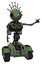 Robot containing oval wide head and giant blue and red led eyes and techno halo ornament and light chest exoshielding and rocket pack and no chest plating and tank tracks. Grass green.