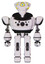 Bot containing flat elongated skull head and yellow eyeball array and heavy upper chest and chest compound eyes and prototype exoplate legs. White halftone toon. Front view.