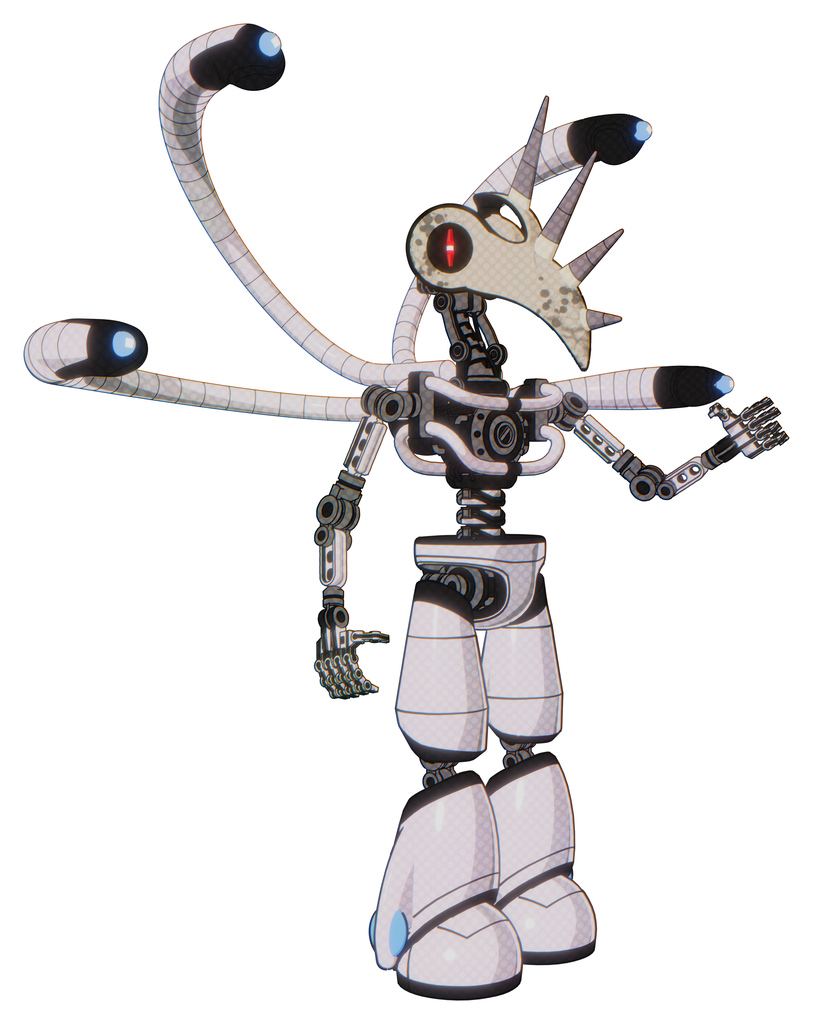 Droid containing bird skull head and red line eyes and light chest exoshielding and blue-eye cam cable tentacles and no chest plating and light leg exoshielding. White halftone toon. Interacting.