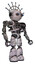 Droid containing oval wide head and telescopic steampunk eyes and techno halo ornament and heavy upper chest and no chest plating and light leg exoshielding. Grunge sketch dots. Facing left view.