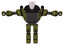 Bot containing humanoid face mask and die robots graffiti design and heavy upper chest and chest vents and prototype exoplate legs. Army green halftone. T-pose.