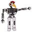 Robot containing bird skull head and red led circle eyes and chicken design and heavy upper chest and no chest plating and prototype exoplate legs. White halftone toon.