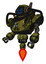 Bot containing digital display head and angry face and winglets and heavy upper chest and triangle of blue leds and jet propulsion. Grunge army green. Facing right view.
