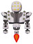 Bot containing round head and yellow eyes array and heavy upper chest and heavy mech chest and green cable sockets array and jet propulsion. White halftone toon. Front view.